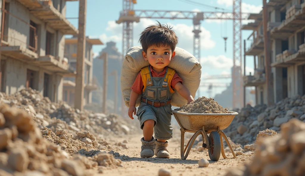 a children its a boy, the theme is a worker, the background is he is in the contruction site with backhoes and bolduzer make it realistic REAL PERSON black hair(the subject is in the center, in front in camera) eyes in front of camera