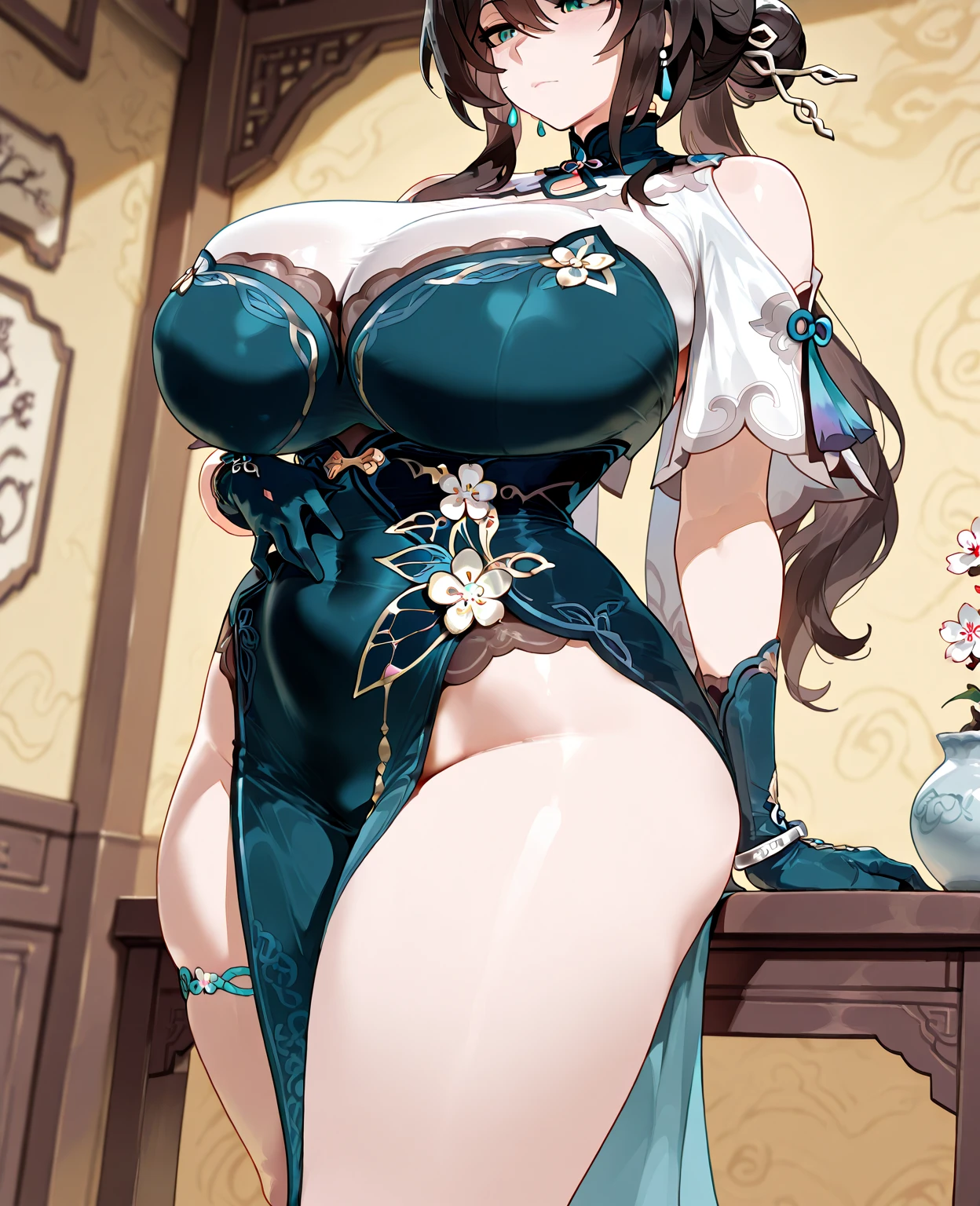 (art: 1.2), (best quality: 1.2) 1 woman, Mature teenager, 185 cm tall, looked to be about 20 years old, had long dark purple hair, straight shiny hair tied in a green jade hairpin in Taotist style Chinese, purple purple eyes, extremely detailed eyes, perfect eyes, extremely realistic eyes, well-aligned eyes, long eyelashes, anime style, Extremely beautiful face, face that is affectionate and benevolent to the viewer, delicate and Mature face, full lips, Mature, skin fair, natural body, sexy body, MILF body, with one hand holding her waist, perfect hands, detailed hands, hands well proportioned to the body, realistic hands, arms with good anatomy, she wore a navy blue dress with a long Chinese style decorated skirt in gold and silver that still couldn't hide her extremely large and huge breasts that were hanging down due to her size, she was fully covered by paia, thick thighs fully covered, wide hips, looking at the viewer with a benevolent facial expression, scene of background, in an oriental-style Chinese pavilion, posing alone Looking at the viewer.