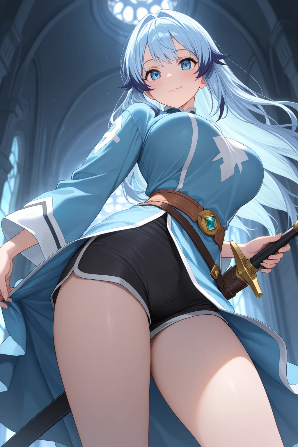 (masterpiece), best quality, expressive eyes, perfect face,1girl,chongyun,genshin impact,winter forest,full body,big breasts,24-year old girl,navel,dynamic angle,long boots,skirt