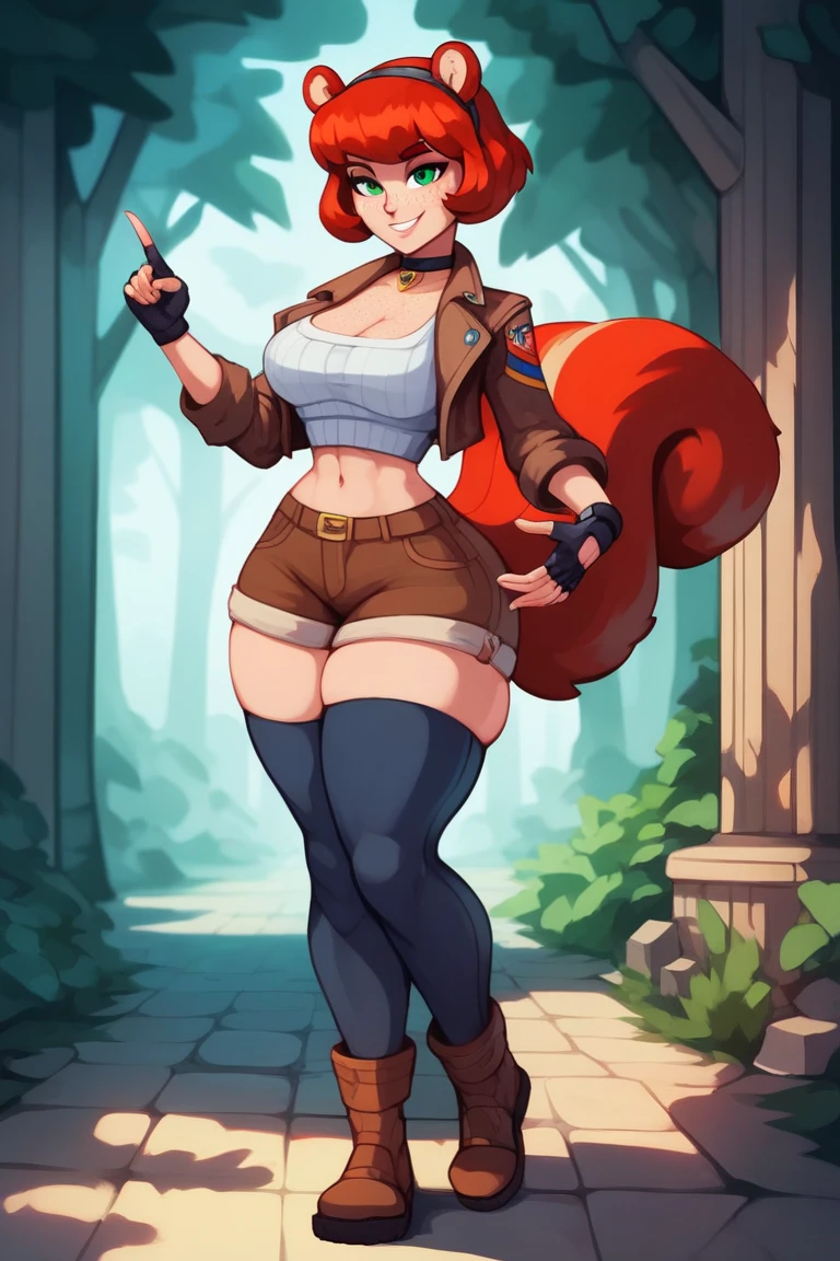 By bebebebebe, by lostgoose, by goonie-san, female, ((canine, snout, hair covering eyes, straight hair, medium hair, flat hair, ears, thin snout)), brown fur, big poofy tail, raised tail, dark maroon hair, ((muscular)), (big breasts), solo, standing, smiling, happy, ((dressed like mario, red mario hat)), mushroom kingdom, nintendo