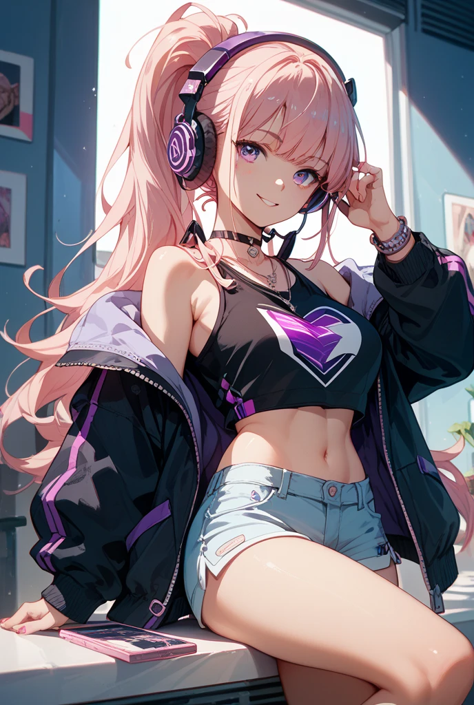 ((Masterpiece)), best quality, absurderes, ultra detailed, holographic, cowboy shot, golden ratio, leaning forward, showing cleavage, holding , super cute girl, mature girl, idol girl, super beautiful asian girl with very beautiful violet glowing eyes, beautiful glowing brown multicolored hair, high ponytail, nice and sexy body, slim body, perfect body, an anime printed super tight off shoulder long sleeve crop top, a super aesthetic transparent mini jacket, beautiful hair ornament, pink jordan tennis, being photographed in a mall shop,( undressing, showing neon pink panties, showing thong: 1.5)