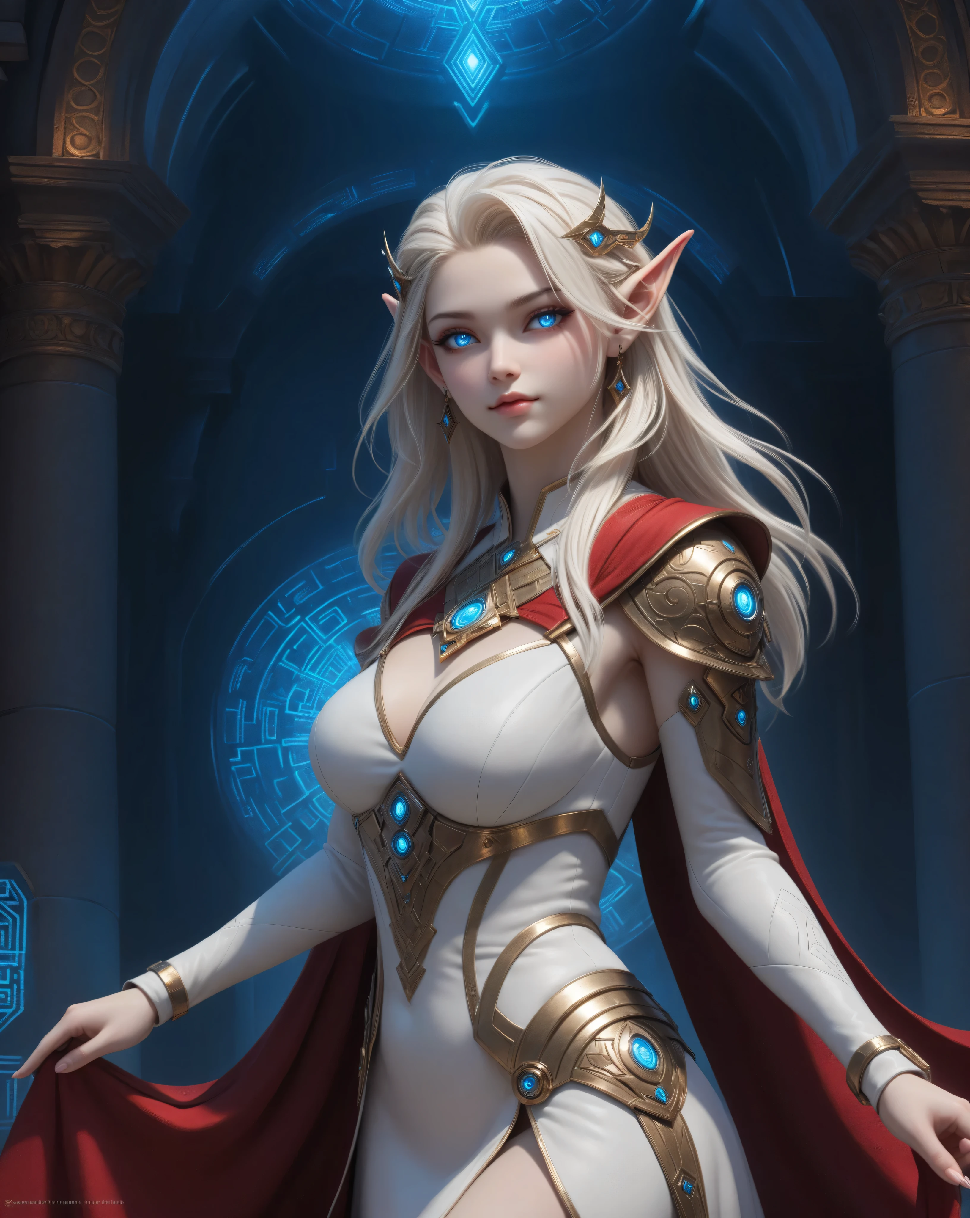 score_9, score_8_up, score_7_up, portrait of an elf maiden serving in a cyber futuristic elf temple (Masterpiece, best quality), ultra feminine, with a long curvy hair, light color hair, blue eyes, ((beautiful delicate face)), Ultra Detailed Face, red cloak, wearing an intricate white dress, wearing holy symbol with cyber implants, high heeled boots, cyber punk art, full body, best details, highly detailed, best quality, highres, cyber temple background, a sense of divinity, soft light, dynamic light, high details, best quality, 16k, ultra detailed, masterpiece, best quality, (extremely detailed), dynamic angle, 3DMM