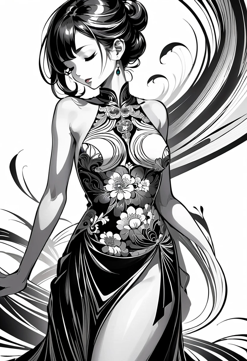 As a coloring book, white and black color, borders should be simple, clear, distinct, and thick lines, By Cartoon picture book of a beautiful Asian girl with short brown hair, A girl traditional ink body art style, (Use simple lines to outline a woman’s graceful figure), Take a step back, undulating lines, Thick and thin lines, line art, Black and white painting, character drawing, line art, lyrical abstraction