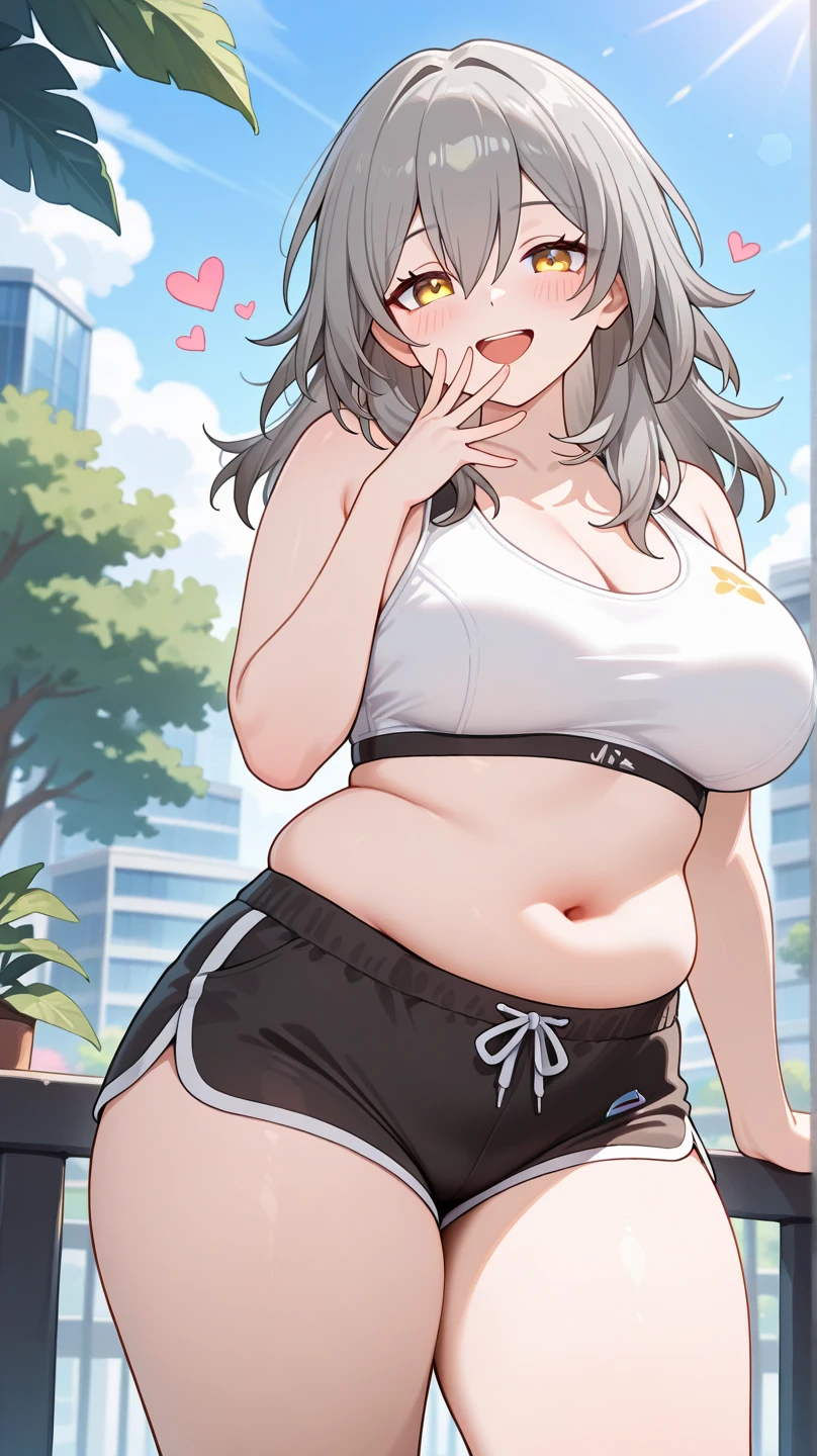 full body, standing, barefoot, thicc, uncovered belly belly, very big breasts, pregnant, long hair, sports bra, very thight shorts, glasses
