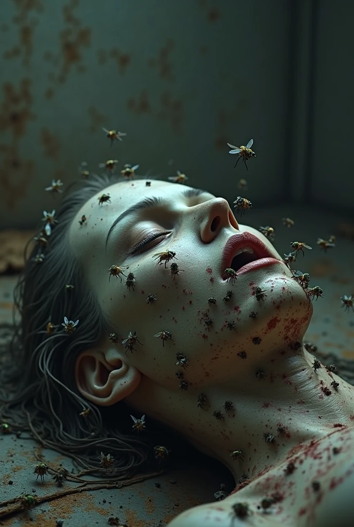 Realistic high angle shot of a flooded room full of black cockroaches, in the middle of the room half buried in cockroaches,Emerging from among the cockroaches a European woman looking up at the ceiling with open arms, very light skin, His mouth is open and his eyes are closed. Cockroaches are crawling on his body and eyes., claustrophobic image, Sunlight enters through a grating in the roof, The light projects the shadow of the bars on the woman and the cockroaches. The room is gray cement with humidity, the atmosphere is sinister, distressing.