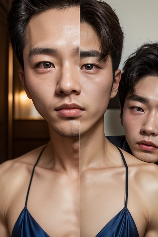 best quality, masterpiece, hyper realistic, extremely detailed, reflection of two stocky asian men, in gilded mirror, half body, fill frame, extremely romantic atmosphere, dark cinematic lighting, extremely dramatic shadows, no background, perfect face, perfection, no signature, no logo
