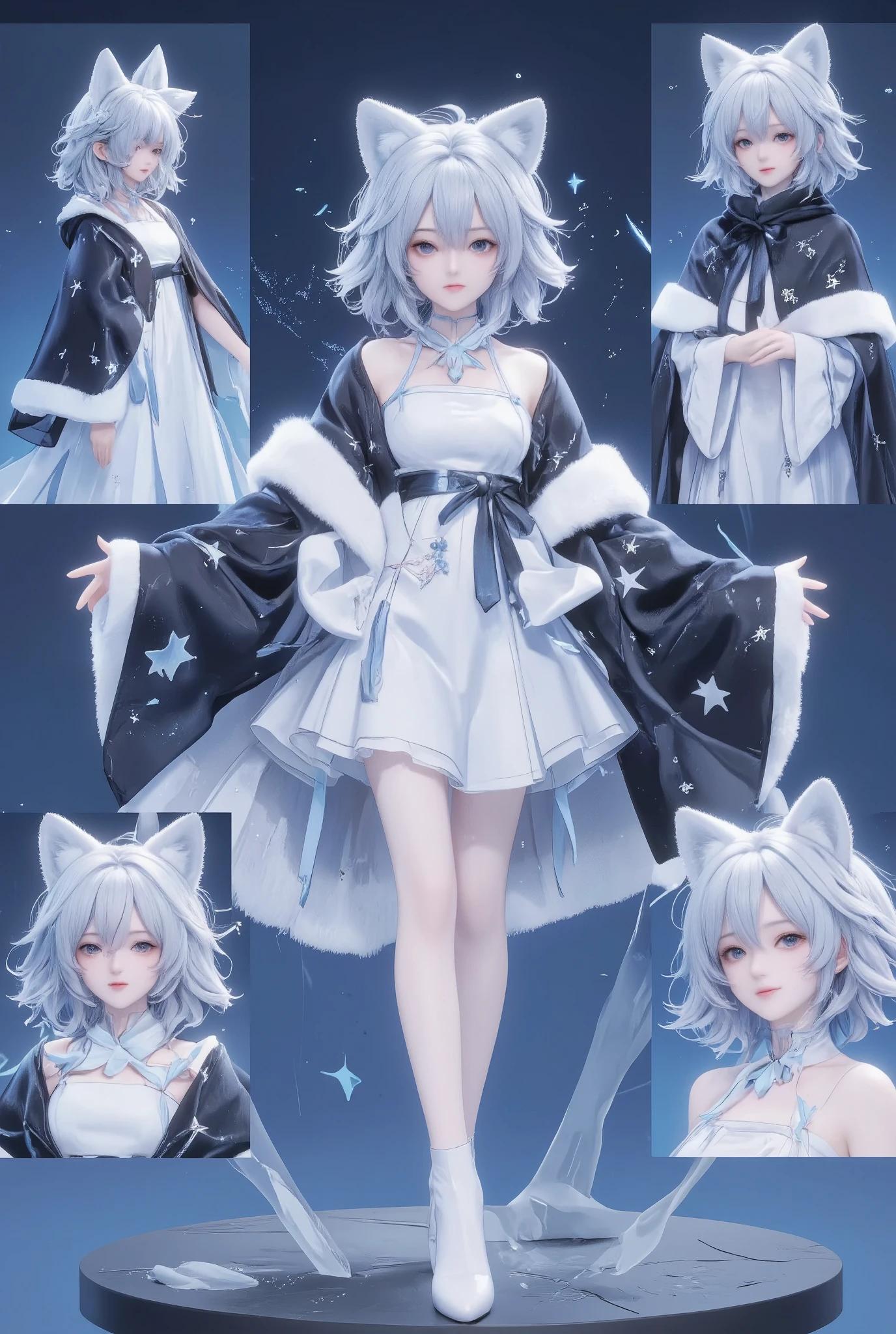 The image presents a digital rendering of a stylized character, showcased in several views against a blue backdrop with a subtle gradient. Centered are dual full-body front and back perspectives depicting the character's attire: woman in a white dress, wearing star filled mage robes, Fox fur scarf, wearing cloak on blasted plain,
To the right, there are two close-up views of the hairstyle, displaying a medium-length, styled into layered waves that emphasize volume and texture. The cropped sections show the precise arrangement of the hair's locks, accentuating the animated style of the character. The overall composition cleverly emphasizes the detailed design and stylization typical of digital character modeling, with the cool-toned background enhancing the futuristic theme.