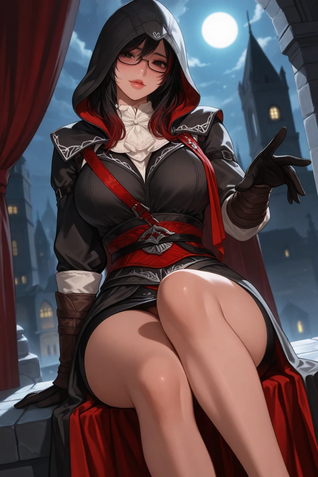 La mujer, Стиль Assassin's Creed, ropa corta, poca ropa,stockings, medias botas hasta la rodilla, Pulseras en las piernas, castillo medieval al fondo, Renacimiento, reaissance muy detallado, Realistic long-term photography., 4k, pelo largo, brown hair, By the chestnut, labios rojos, Chica con traje de Assassin's Creed Altair con capucha, hood, Assassin symbol's Creed en la cintura, sexy,red lips, brown eyes, big breasts, pechos grandes, breasts, oral, facial, cun in mouth, semen en la boca, cum in face, semen en la cara, Lucia Auditore