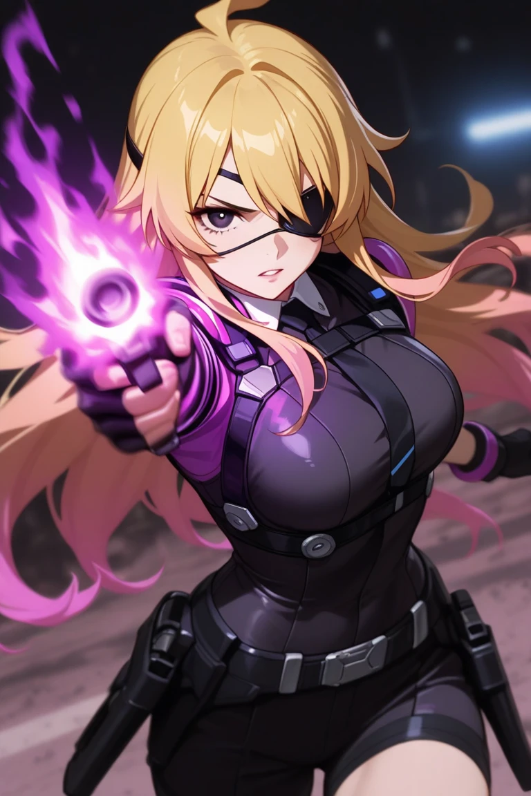 Battle Scene Design、Neat Female Figure、Sci-fi Sister Outfit、blonde、Black Eye Patch、 Burning Fist、Evil Purple Flame、handgun、Great Battle Poses、depth of field、motion blur