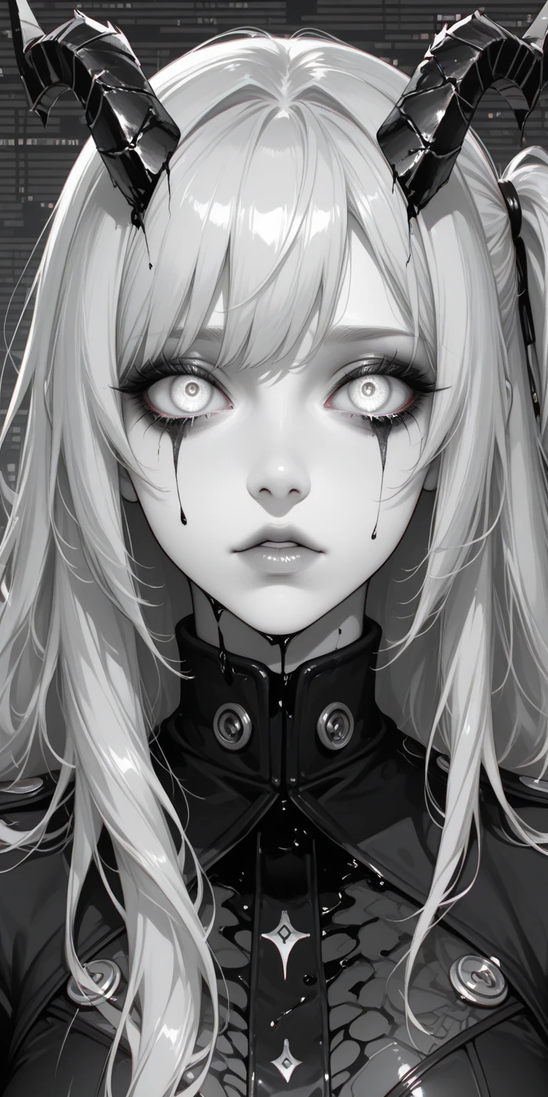 bs, solo, simple background, monochrome, upper body, greyscale, bodysuit, black background, 1other, monster, arms at sides, horror (theme), female