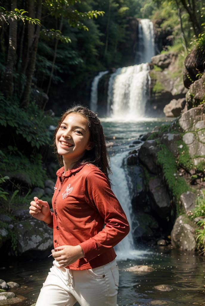 Young sweet beautiful Indonesian girl, 22 years old, slim body, bright beautiful eyes, georgeus face, wet wavy black short hairs, wearing wet long sleeve unbuttoned thin jacket, wearing wet white see through tranparent tank top strict t-shirt, wearing wet white panty, no bra, realistic, very detail, no cartoon, all fingers have normal shape, siting on a stone under the waterfall with her father, in tropical forest around Bogor, sweet beautiful smile, water drop on all her skin and hairs, water flowing down on all herskins and hairs,