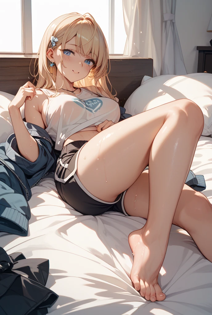The girl sits on the bed，opening legs，white  panties，and hold your head in your hands 