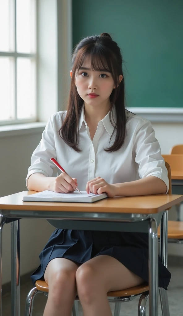 A high school girl in a uniform studying at a desk sideways