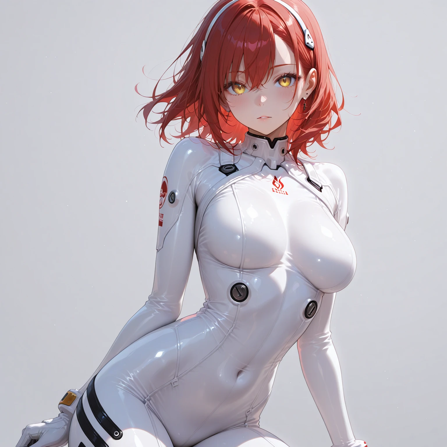 ((Masterpiece, Best Quality, ultra detailed, ultra hd, photorealistic, cinematographic)), seductive anime girl, Average height, (surrealism), (plano general, full body view:1.5), perfect body, sexy body, Perfect face, perfect hands, delicate face, Great cleavage, round ass, long round legs, Anime - Style image of a woman wearing short skirt and white shirt, seductive anime girl, murata and artgerm range, Extremely detailed artistic germ, Ilya Kuvshinov and Artgerm, krenz cushart y artgerm, Leeloo Suit, photorealistic anime girl render, (Red hair), (sensual pose), (gradient background:1.2), green eyes, detailed students, deep red lips, blush, lips slightly parted