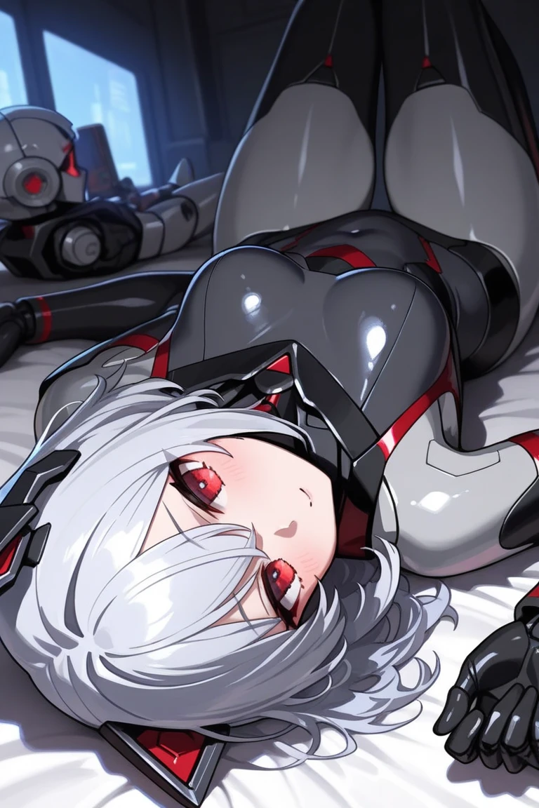 work of art, best qualityer, ultra detali, illustration, epic lighting, film composition, 1 girl, cute, red sclera,red pupils, cyborg, tatoo, hair green, colored fur, breasts small, Black jacke, legs apart hands with black gloves with yellow details, seducing gaze, seductively pose, trunk:1.1, gazing at viewer, pretentious smile, cloused mouth, plein-air, citys, cyber punk, neon lights, Street, (natta, tenebrosa, tenebrosaness, tenebrosa como breu, eyeshadows:1.4), (8K:1.1),  