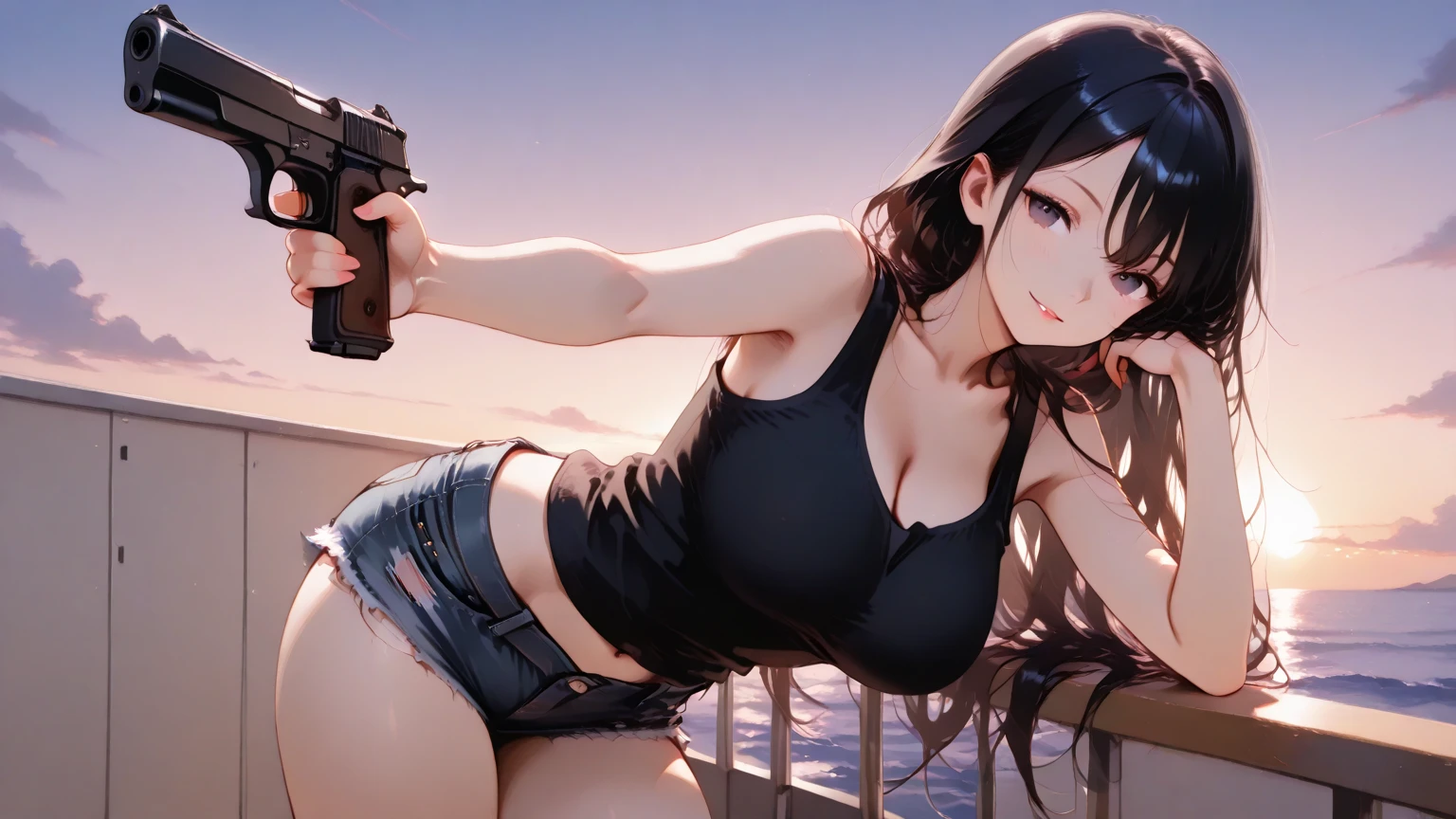 (Masterpiece: 1.2, Best Quality), (1 Lady, Solo, Upper Body: 1.2), Hair: Black Ponytail, Clothing: Black Micro ??????, Hanging Out on the Beach at Dusk