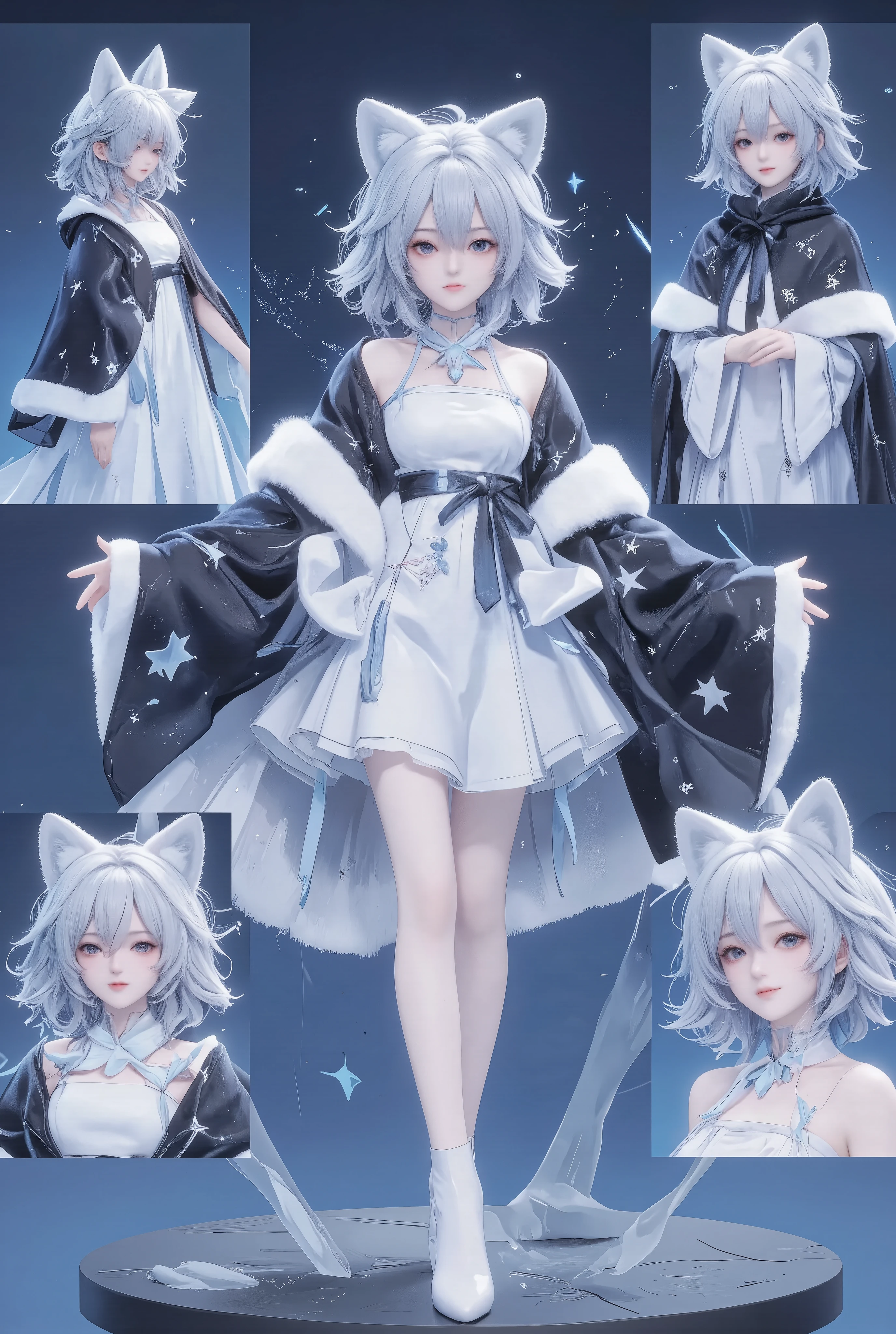 The image presents a digital rendering of a stylized character, showcased in several views against a blue backdrop with a subtle gradient. Centered are dual full-body front and back perspectives depicting the character's attire: woman in a white dress, wearing star filled mage robes, Fox fur scarf, wearing cloak on blasted plain,
To the right, there are two close-up views of the hairstyle, displaying a medium-length, styled into layered waves that emphasize volume and texture. The cropped sections show the precise arrangement of the hair's locks, accentuating the animated style of the character. The overall composition cleverly emphasizes the detailed design and stylization typical of digital character modeling, with the cool-toned background enhancing the futuristic theme.