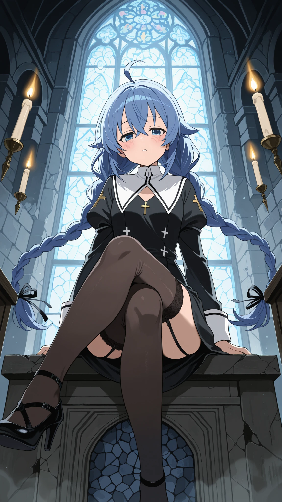 nun child'clothes are upside down, Cute, White ruffled panties, {{{{{{Half Top}}}}}}、silver-haired、 bob cuts, {{{{{{Realistic}}}}}}, {{{{{{Head out of frame}}}}}}, Thigh, {{{{{{{{{From below}}}}}}}}}, Blushing, (Open legs:1.4)、Bitten underwear、Drooling from the mouth、Spread 、NSFW、Open、church background、{{put your hands together and pray to God}}、 {{{{{{cum on facial}}}}}}、cum on hair 、 cum on head、Christ statue at the feet