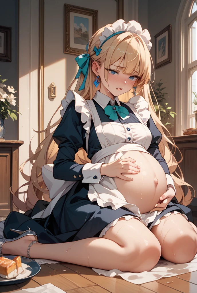 1lady, solo, young girl, 16 years old, straight blonde hair, blunt bangs, blue eyes, (smile), (masterpiece, best quality:1.2) delicate illustration, ultra-detailed, medium breasts, ((upper body)), (light blue dress), living room, (((pregnant woman)))