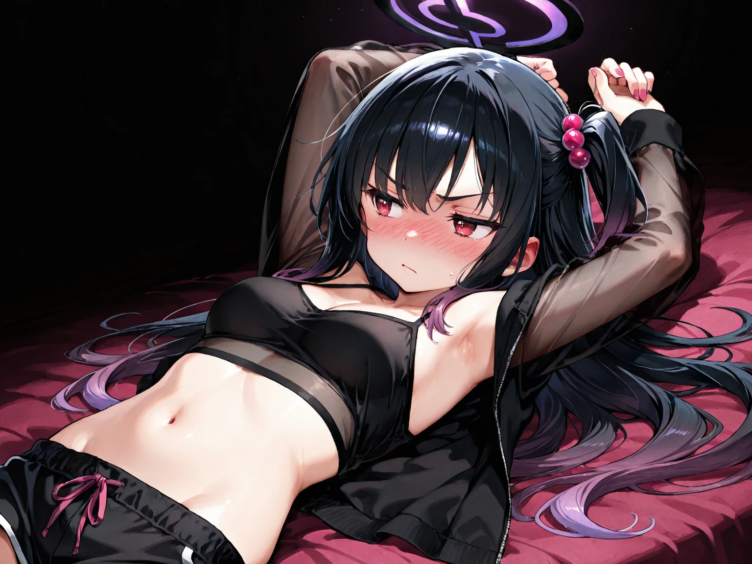 NSFW,One girl,Trick or Treat Cosplay、露出度の高いClothes、Shrug（Clothes）、Short sleeve、Layered Bikini、Purple Bikini、Green Bikini、belt、Nurse cap、mini skirt、Green gloves、Thigh-high socks、Garter Straps,Small breasts,(Perfect hands),(Perfect Anatomy),(masterpiece),(highest quality),(Absent-minded face:2.0),blush,night,hospital,Examination room,White Room,Lying down,Lying on your back,Leg spread,Roll your eyes,Open your mouth、Stick your tongue out,Ahegao
