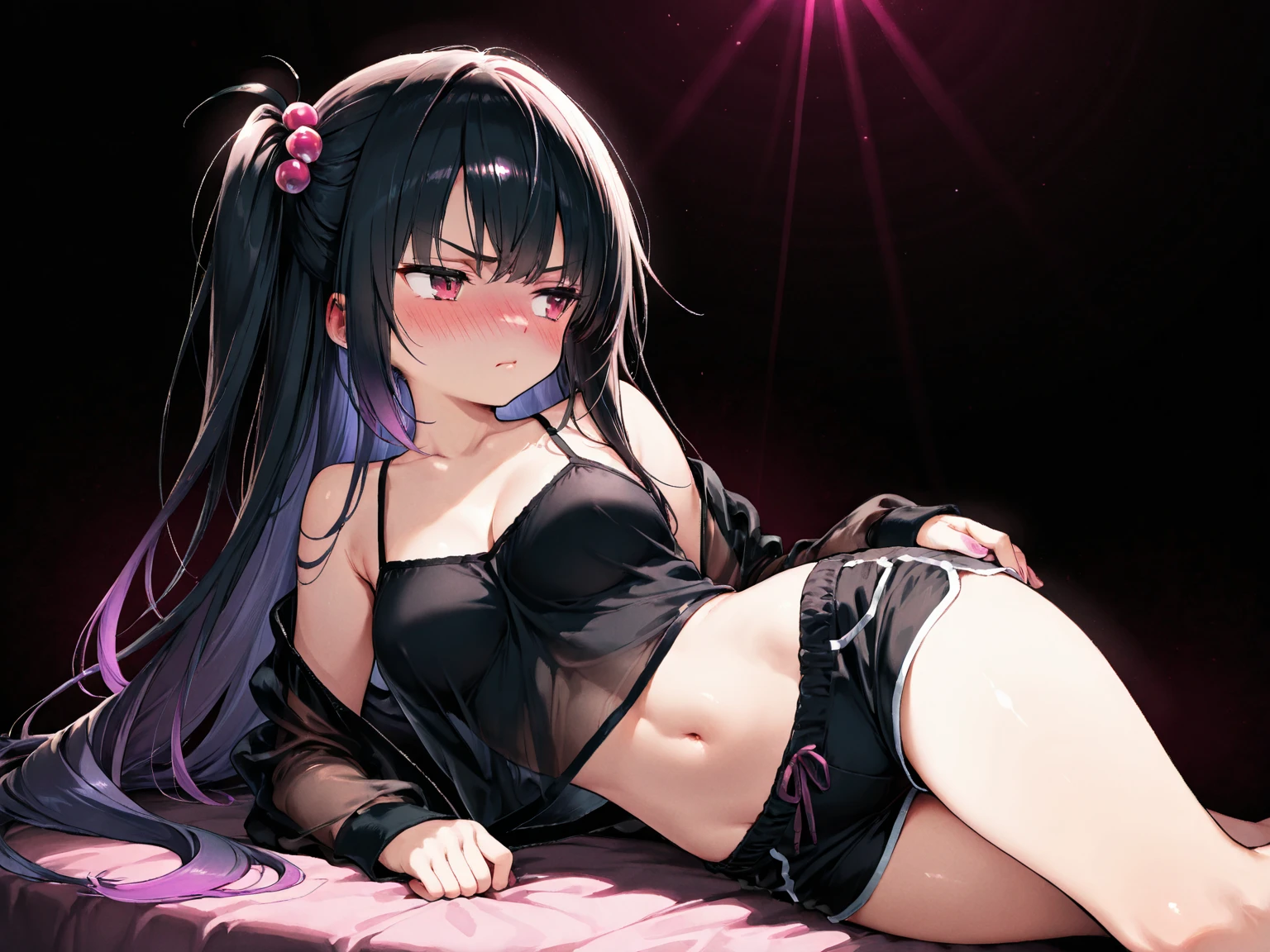 (Obra maestra), (Mejor calidad), (ultra detallado), chica anime, ((Cabello largo y negro con degradado rosa en el cabello.)), ((orejas de oso en la cabeza)), ojo izquierdo rosa brillante, ojo derecho negro, Serious facial expression, ((Ropa lenceria SEXOual) para follar,)) ((cuerpo completo)), sensual art, Arte Ecchi, arte hentai, tetas, vagina, pesas, Sexo, maldito, maldito, Deluxe room background, luces moradas.