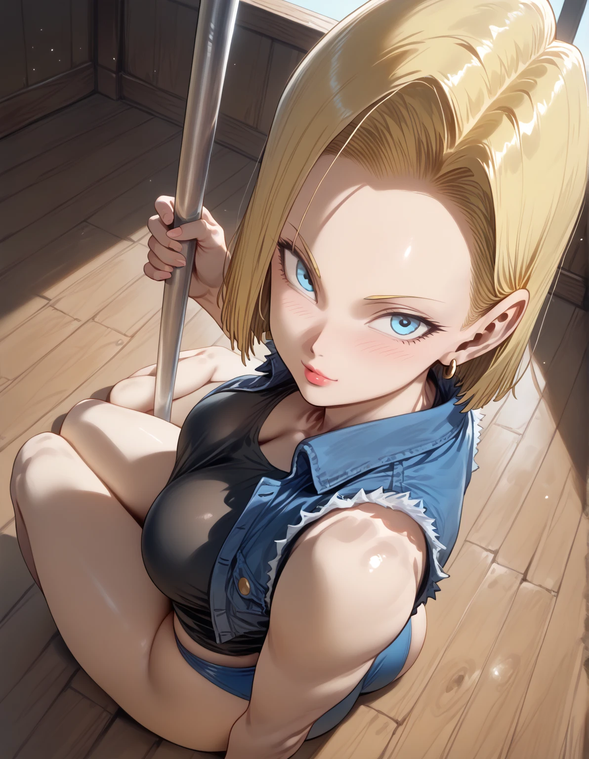 Android 18 Dragon Ball Z woman, short blonde hair, blue eyes, ((naked)). Random scenario, looking at the camera. ((giving a blowjob))