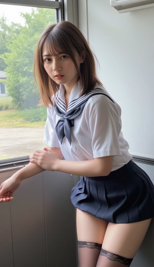 1girl in、(Super beautiful)、(beauitful face:1.2)、(Clear pubic contours),(spreads her legs)、(tie up with rope:1.4)、Classroom chairs、high-school uniform、Dark blue pleated skirt、(white panties)、(At SFW:1.1)、(Bind your hands with a rope:1.5)、(Show off your:1.5)