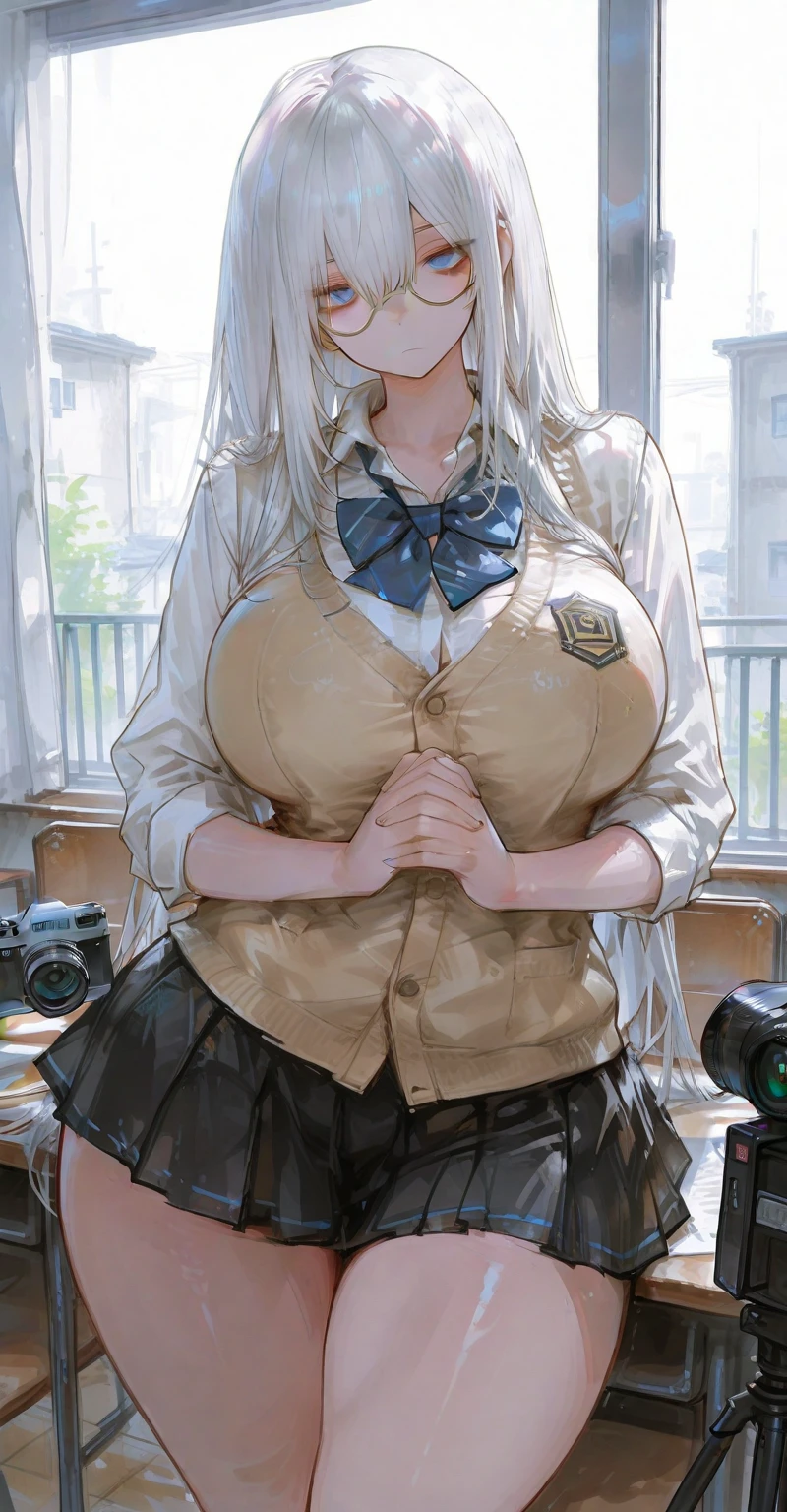 ((masterpiece)), ((Best Quality)), (Ultra-detailed), ((kawaii)), (Cute), (lovely), ((Sexy)), (Ero), ((Extremely detailed)), 4K, (8K), Best Quality, (Beautiful), Illustration, Anime style, Painting, Dynamic Angle, Cowboy Shot, (from wildcard:1.4), heavy outline, clear outlines, Gradation, (full body focus), (class room), (evening), Cute little girl,1girl, school uniform, Solo, Beautiful random colored eyes, ((Beautiful eyes)), Slightly wheat-colored skin, random hair style, (gigantic and massive tits), glasses, cool beauty, (cool:1.5), (blush), sparkling effect, Lens Flare, shiny-glistening, gleaming