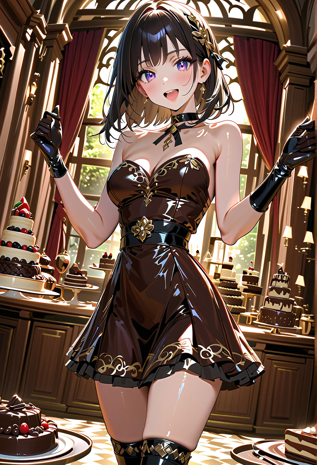 1 girl, small nose, very beautiful detailed face and eyes, bright colors, cute face, delicate beautiful face, Bright magenta eyes, cute eyes, sparkling eyes, Big eyes, (big breasts:1.3), (perky chest:1.1), (pointed chest:1.0), (cake magazine cover:1.3),highest quality, WorKs of masters, High resolution,BlacK color hair,shiny hair, side ponytail,hair between eyes,bangs, (black jacket, real clothes, cleavage, black skirts, black thighhighs, thigh strap, fingerless gloves, single glove:1.2) , spread legs, panties shot, medium hips, glamorous body, white skin, smile, thin pubric hair, super beautiful face, Super beautiful eyes, Super beautiful hair,trendy outfit,sexy and attractive,full body esbian, Real World, Natural light,perfect Natural light,(with sparkling eyes and a contagious smile), This masterpiece is not only visually stunning but also tells, make of cake cooking , in the kitchen, open mouth, looking at viewer,