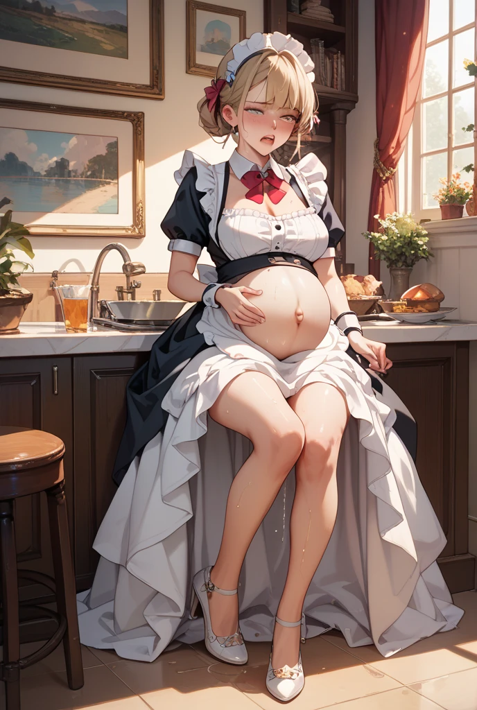 girl with short white hair, along with a pink night gown , and flat chest with her hands her round huge pregnant big belly while licking her lips satisfied with empty food plates near her.