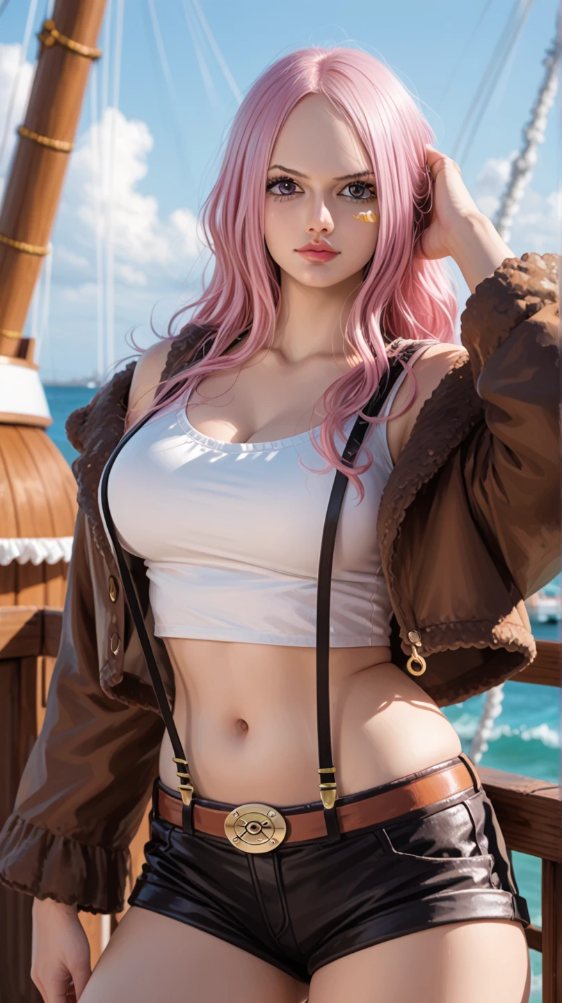 Imagine Sakura Haruno from Naruto, wearing the iconic pirate costume. She stands confidently on the deck of a majestic pirate ship, with the vast ocean and a bright blue sky in the background. Her short pink hair flows in the sea breeze, and her green eyes, filled with determination and spirit, radiate confidence. Her costume, consisting of a vintage-style pirate jacket, long skirt, high boots, and a pirate hat, looks strong and accentuates her figure as an elegant pirate. Sakura's right hand grips a long sword, ready to fight her enemies. Her face exudes courage and resolve, prepared for any adventure that comes her way. The combination of her extraordinary physical strength and medical ninjutsu abilities with the lifestyle of a pirate makes her a symbol of freedom and adventure. Graduation Mode, anime-style animation mixed with traditional European art in a modern cyberpunk fantasy world. Cinematic lighting, ethereal light, intricate detail, very detailed, colorful, complex detail, hypermaximalist, extremely detailed and intricate, with rich colors. Masterpiece, highest quality, aerial view, HDR, UHD, unreal engine. Looking at the camera, smooth thighs, sparkling jewelry, acrylic illustration by Artgerm, Kawacy, and John Singer Sargent, majestic pirate ship background, sparkling jewelry, representative, fair skin, beautiful face, rich in high-quality detail, beautiful, glamorous, 8k, super detailed, stunning light and shadow, intricate decorations, highly detailed lines.