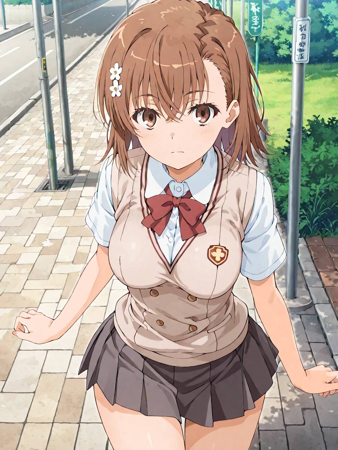 up_life, 1 girl, alone, School_, Tokiwadai_School_, sweater_Vest, skirt, Bag, blush, building, tree, School_Bag, sky, School_公事Bag, City, sky空, Outdoor activities, cloud, Keep, Brown_sweater_Vest,small breasts,(((She lifted her shirt, Reveal under her bra))).