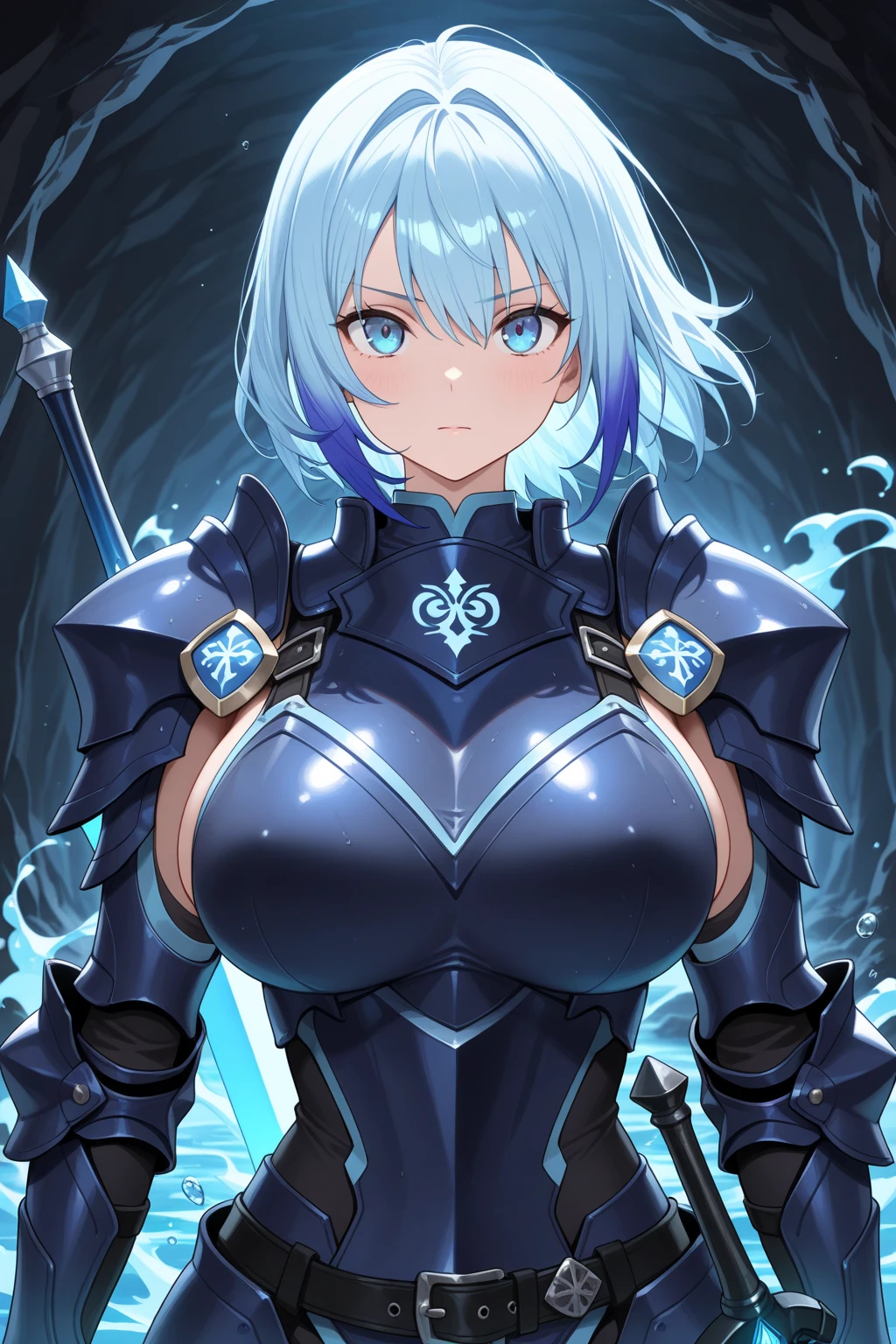 1 girl、Silver short hair、knight、Less Armor、Lots of cloth、Blue and black decor、Chest a little big、Ice crystals、Expose、Carrying a weapon