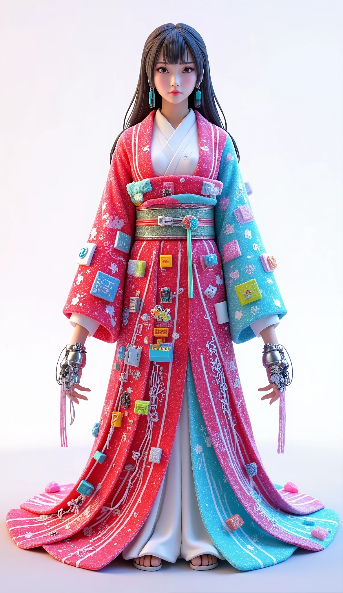 (((Shrine maiden))),machine,Japanese Kimono,Full Body,Professional woman ,Elegant posture,looking away,金屬質感的machine手臂,Electronic Circuit Board,Radiation Effect,Sci-Fi atmosphere,Delicate Face Wrinkles,4k HD,Super Fine Detail,Realistic, electromagnetic waves ,Neon glow,Professional Concept Art, digital illustration ,High Saturation,Background white