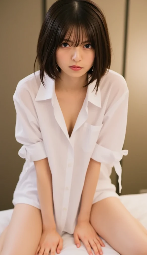 lens: 135mm f1.8,(Highest quality),(Tabletop:1.1), (Beautiful 16 year old Japanese girl), (Moisturized lips), Narrow eyes, double eyelid,Delicate clavicle,Flat Chest,Shortcuts,
(Let me me'Let me'Let's take another look), (close:1.4), shame, A faint smile,
(Spotted sunlight:1.2), Dramatic lighting,
(Taking off the uniform), (Sunburned skin:0.2),Full body photo、Full Body Focus、Sit on the floor with your legs open