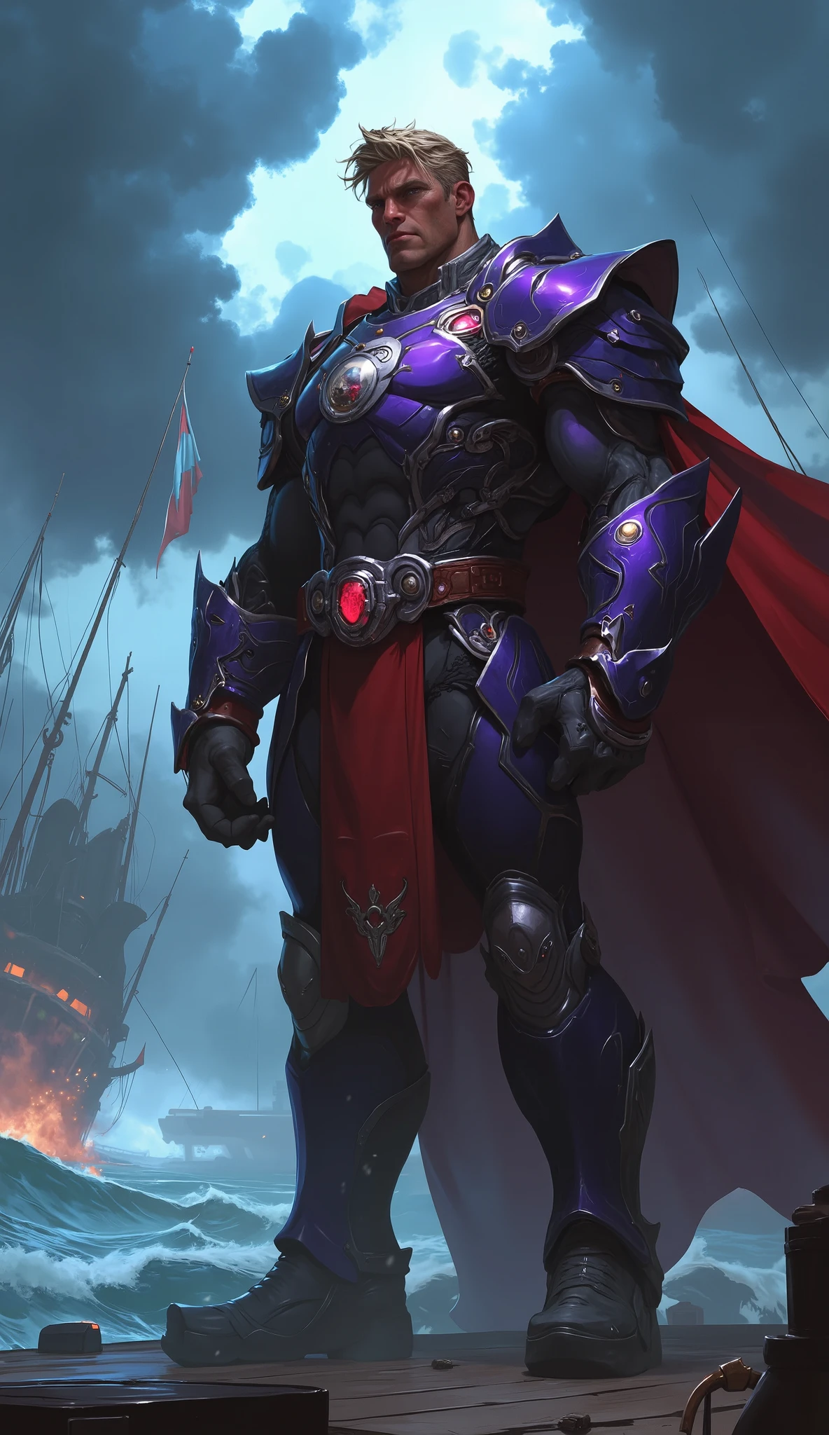 Epic character concept art of a tall, robust, handsome middle-aged man with thick messy short blond hair, chiseled features, and a stern, commanding expression. He is clad in intricate sci-fi fantasy hybrid bodysuit armor, predominantly deep indigo and royal purple, with crimson red and brilliant white accents. A belt adorned with glowing rubies, metallic combat boots, and a short cape billows heroically from his shoulders. He stands in a powerful, god-like pose on the deck of an ancient, hyper-technological warship. The background is a tempestuous, raging sea with colossal waves, under a sky thick with dark, swirling battle clouds. Cinematic composition, dynamic lighting, dramatic atmosphere, intricate details, masterpiece, trending on ArtStation, perfect anatomy, perfect hands, five fingers.