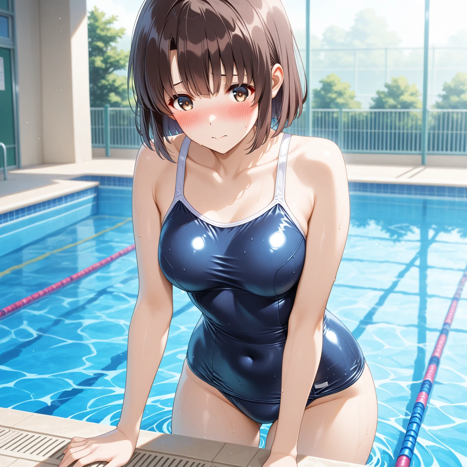 (One girl)、smile、Light blue competitive swimsuit、Poolside、Dark brown short hair、Dark brown eyes、Spread your legs