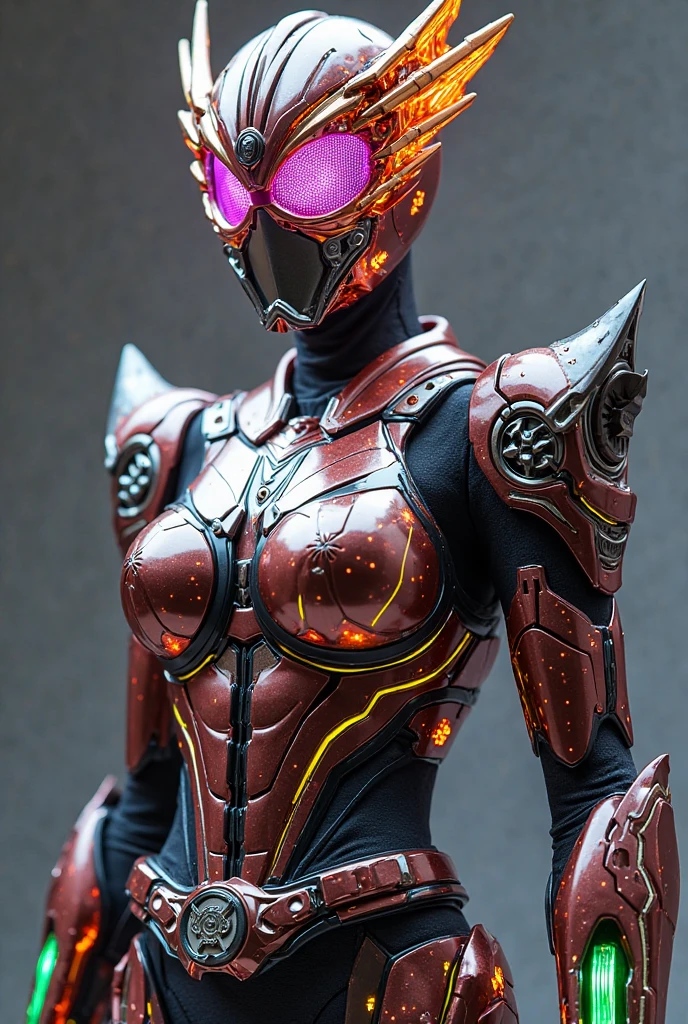 Ultraman Woman. (high quality)(luster)((Black Face and red eyeline))(Black and purple thema color)women only. The whole body is covered with a black bodysuit. Spike decoration. Pink lines all over the body. Heart tattoo in belly. purple coloreye. pink glow crystal. Lift both hands. pink sharp claw. sexy pose. Emphasize the belly button. dark background.