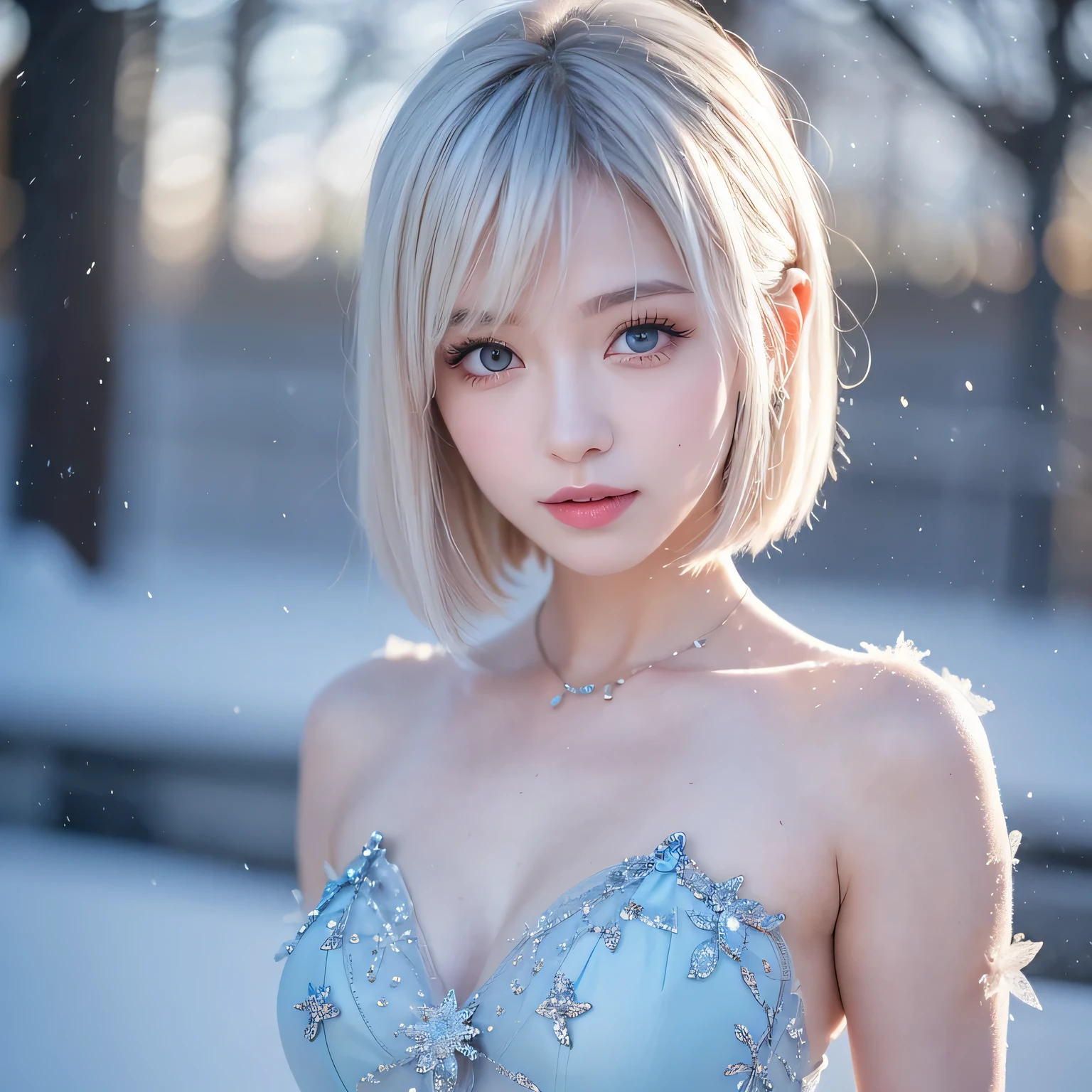(10 years old) ,girl、(Bunny ears headband)。(Random Nudes),Exhibitionism,((Random exposure of genitals))。 Beautiful areola。Small breasts. Thin Hair。(On top of a snowy mountain). Detailed and complex background。((Bright platinum white hair))。(Round face). ((Short Bob Hair)). Cute smile. Idol's face. Smooth Hair. Thin Hair. White skin. (Standing pose).Full body photo