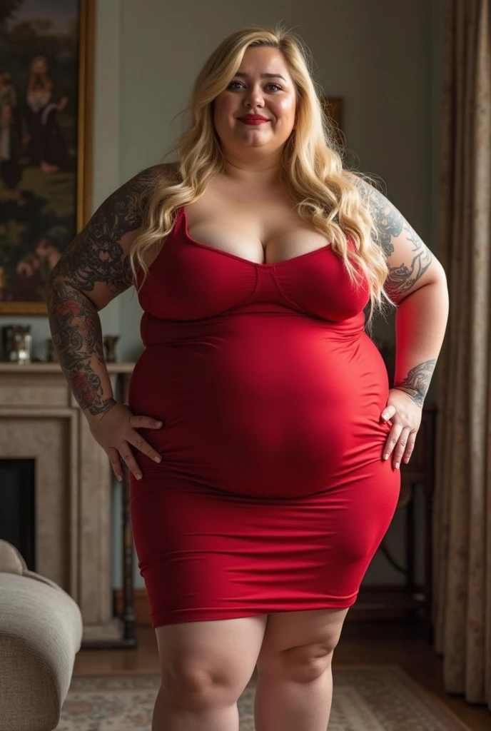 Older fatty women in hot dress in room full body