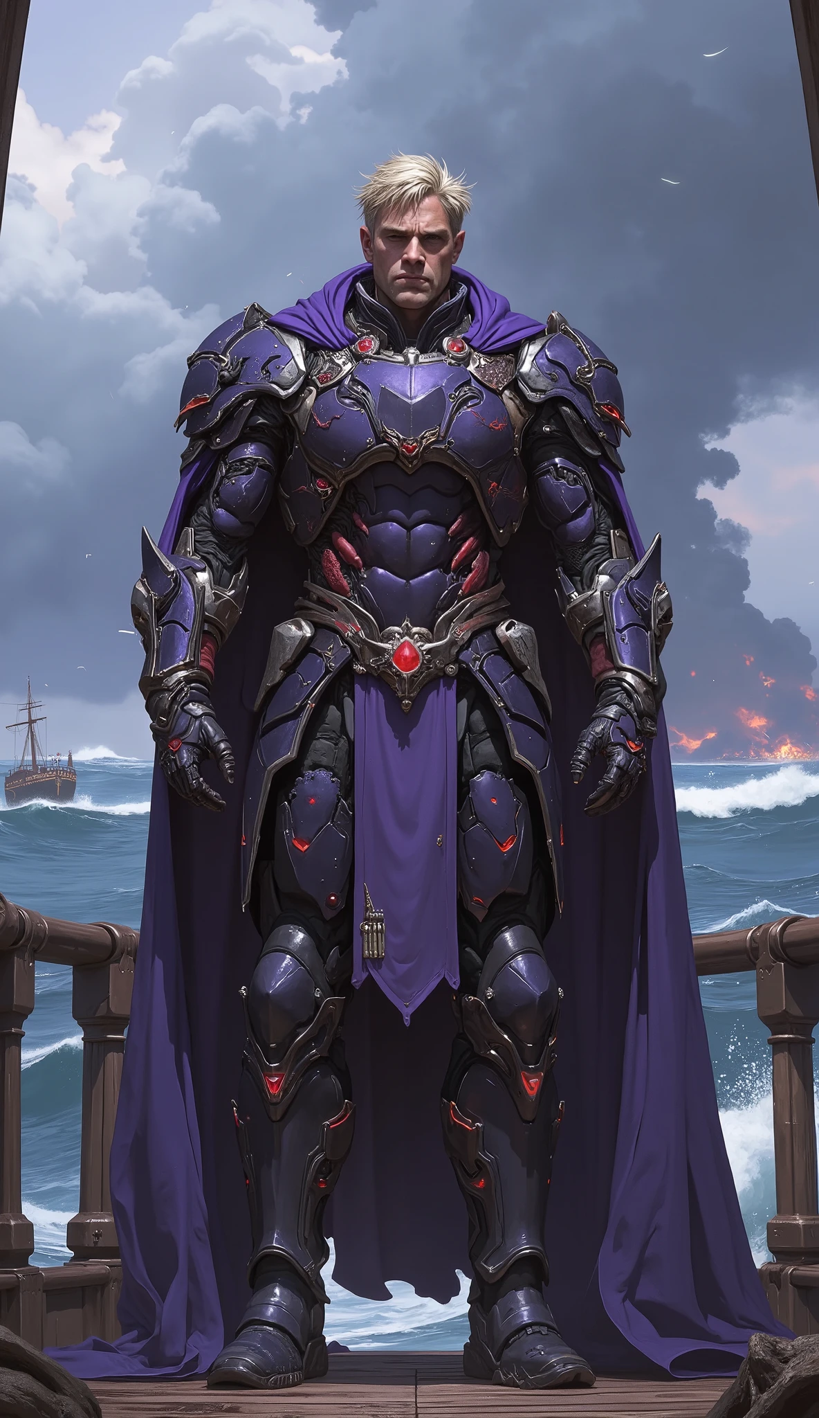 Epic character concept art of a tall, robust, handsome middle-aged man with thick messy short blond hair, chiseled features, and a stern, commanding expression. He is clad in intricate sci-fi fantasy hybrid bodysuit armor, predominantly deep indigo and royal purple, with crimson red and brilliant white accents. A belt adorned with glowing rubies, metallic combat boots, and a short cape billows heroically from his shoulders. He stands in a powerful, god-like pose on the deck of an ancient, hyper-technological warship. The background is a tempestuous, raging sea with colossal waves, under a sky thick with dark, swirling battle clouds. Cinematic composition, dynamic lighting, dramatic atmosphere, intricate details, masterpiece, trending on ArtStation, perfect anatomy, perfect hands, five fingers.