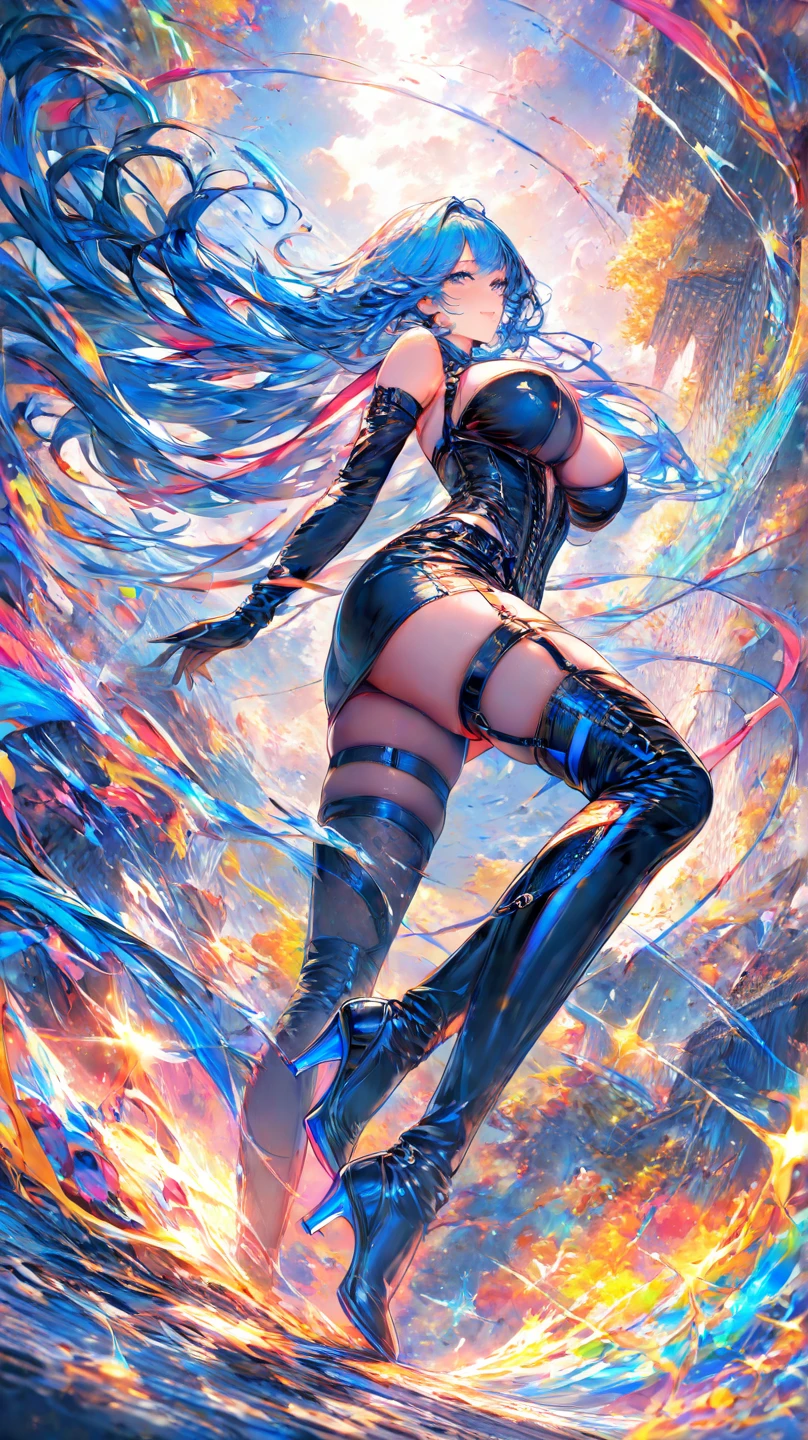 A cute girl，The figure is bumpy，Big chest，legs long，with fair skin，black lence stockings，high-heels，light blue long hair，not wearing bra，and wear no underwear，does not wear panties，tightsuit，Superskirt，Peach buttocks，half squatting，Side rear view photo，8k，Perfect details，RAM