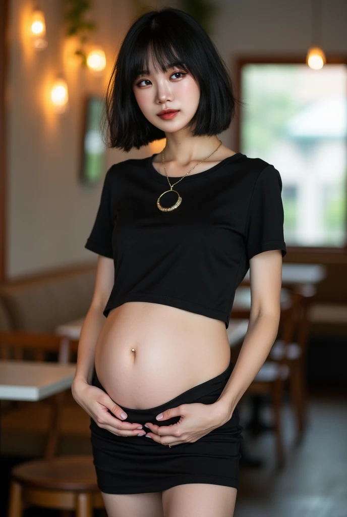 heavily pregnant, young girl, red hair, hairbangs, short hair, ponytail, big belly, button up outfit, necklace, beautiful, blurry background, very dark background, looking at viewer