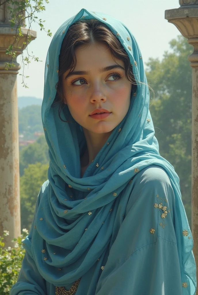Girl, smile, brown eyes, no visible hair, freckles, veil, hijab, white hijab, medieval dress, light blue medieval dress, modest dress, golden details,