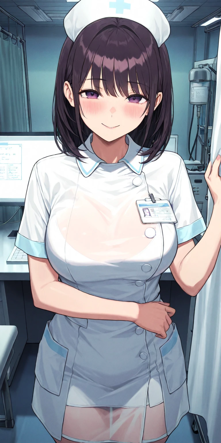 1girl, natural lighting, masterpiece, highly detailed, illustration, game CG, absurdres, high quality, aichan, (large breasts), beautiful detailed eyes, short hair, ponytail, light curled hair, bangs, glossy lips, lips parted, collarbone, nurse office, hospital infirmary, nurse, white nurse dress, nurse headband, ID card, looking at viewer, shocked, surprised