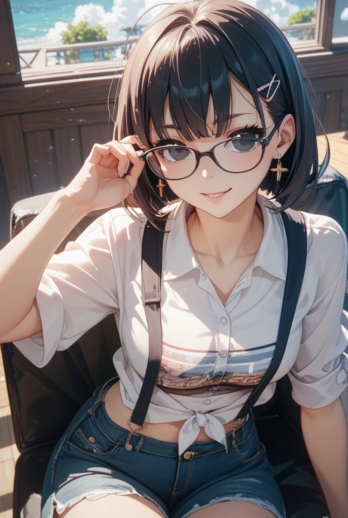 There is a woman sitting on the floor with her legs crossed..., Wearing glasses, Japanese Model, Wearing glasses on, Wearing square glasses, Young Sensual Gravure Idol, Yasumoto Oka, Genuine young gravure idol, Without glasses, Yoshitomo Nara, Aoi Ogata, Wearing glassesいる, Surreal,Provocative,((Beautiful Skin)),((Skin Texture)),((Real Touch)), healthy, unreddish skin, Cute freckles on the cheeks,Mole under left eye,