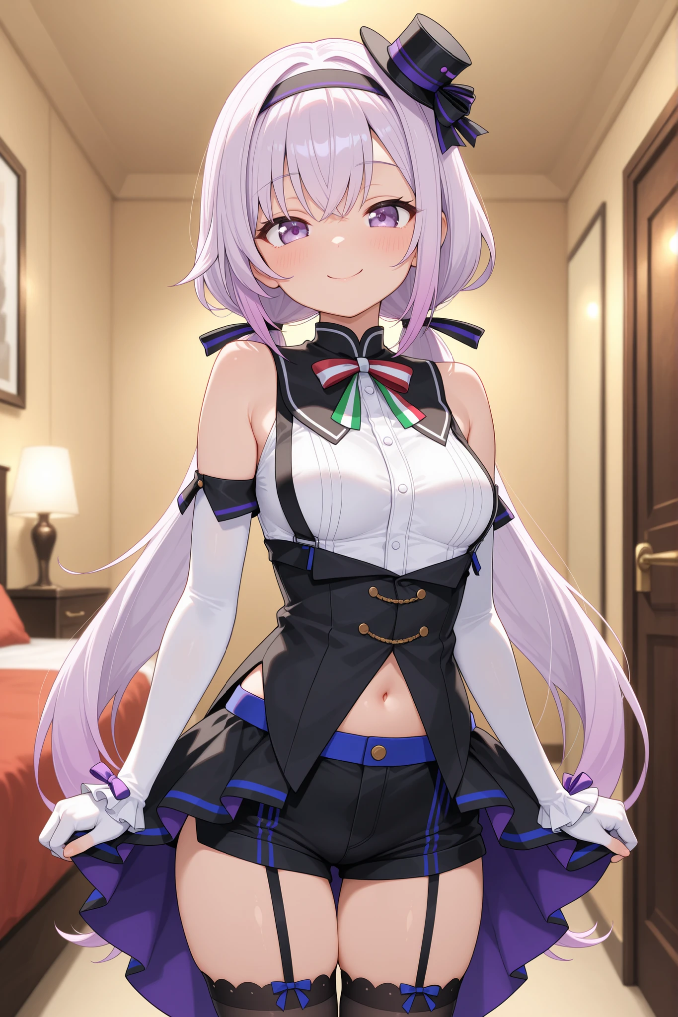 pino2nd,light purple hair, hairband,medium breasts,masterpiece,best quality,cowboy shot,short stature,petite,cute,slender,younger female,standing,1girl,(smaller female:1.5),smile,looking at viewer,hotel,from front,low twin tails,multicolored bowtie,white elbow gloves, black short shorts, black thighhighs,carropino