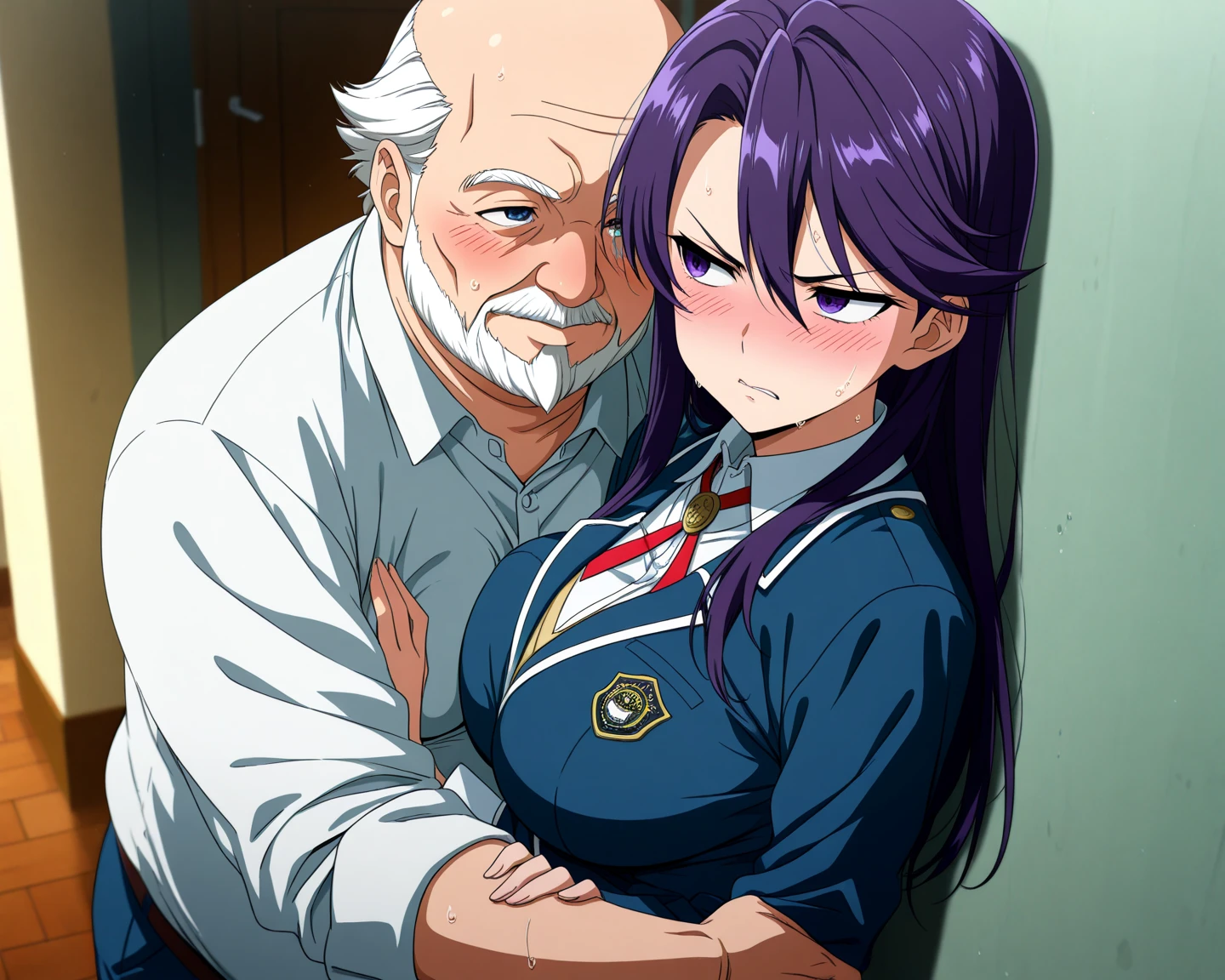 (1girl:1.5, girl lying on back:1.9, girl sleeping:1.9, White sailor suit, Short sleeves, shirt lift:1.9, red neckerchief, Highleg Panties Thong, blue eyess, Purple hair, Bangs, Side Ponytail, Hair Ornament, Glamour, topless, Exposed gigantic breasts:1.9), Anime cel drawing style, Best Quality, High resolution, embarrassed, fear, blush, looking at viewer, Full body, cowboy shot:1.6, bedroom, (nsfw, sex, hetero), (1old man:1.5, Ugly bastard, Ugly man and girl in close contact:1.7), (1old man, on stomach,from behind)