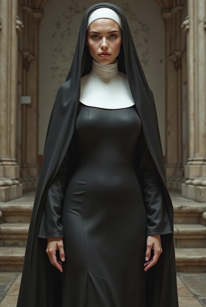 sexy nun with body in a tight and revealing (((nun outfit))), white skin with very intense (((green eyes))) in a  gothic dark church, (((hyper  realistic))), (((full body))), erotic nun outfit 
