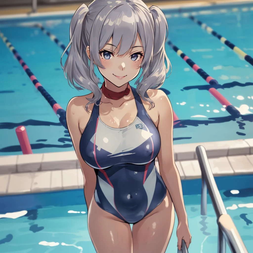 all intricate details: "an athletic girl with a perfect body, cute, symmetrical face, Olympics, Olympic pool, swimming, swimming competition, wears the number "1126" in the competition swimsuit, random tv angle"